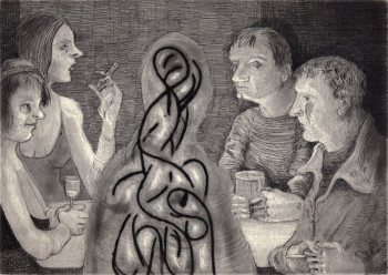 Nicole Eisenman, Drinks with Possible Spirit Type Entity (2012), etching and aquatint with chine collé, 10 1/4 x 11 3/4 in. Edition of 25. Printed and published by Harlan & Weaver, New York.
