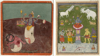 Left: Fig. 6. Anonymous artist, Matsyāvatāra, India, Punjab Hills, Basohli (ca. 1690), ink and opaque watercolor on paper, 20 x 19.4 cm. University of California, Berkeley Art Museum and Pacific Film Archive, Gift of Jean and Francis Marshall, 1998.42.115. Right: Fig. 7. Anonymous artist, from Persian Portraits, Etc. (ca. late 1600s), watercolor with ink and gold on paper, image 21.2 x 17.2 cm, folio 34.5 x 22.7 cm, ©Trustees of the British Museum.